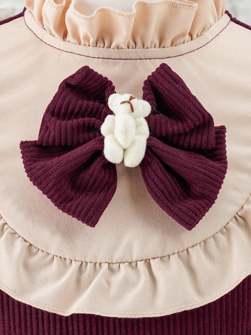 Young Girl Fashionable & Sweet Color Block Ruffled Hem Bow Decor Dress, Spring/Autumn