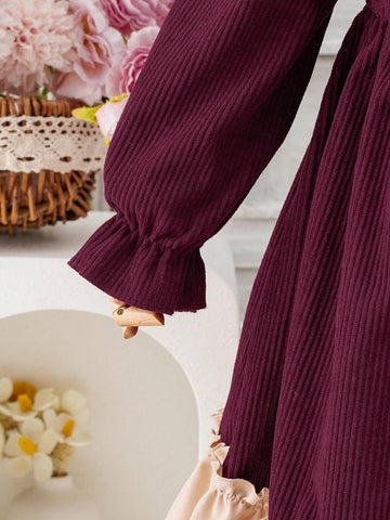 Young Girl Fashionable & Sweet Color Block Ruffled Hem Bow Decor Dress, Spring/Autumn