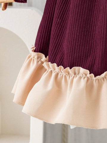 Young Girl Fashionable & Sweet Color Block Ruffled Hem Bow Decor Dress, Spring/Autumn