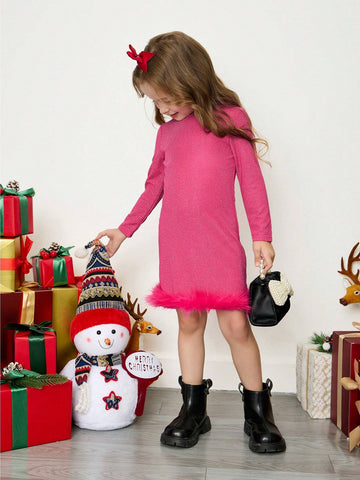 Young Girl Faux Fur Spliced Ribbed Knit Round Neck Long Sleeve Dress, Suitable For Casual Daily Wear
