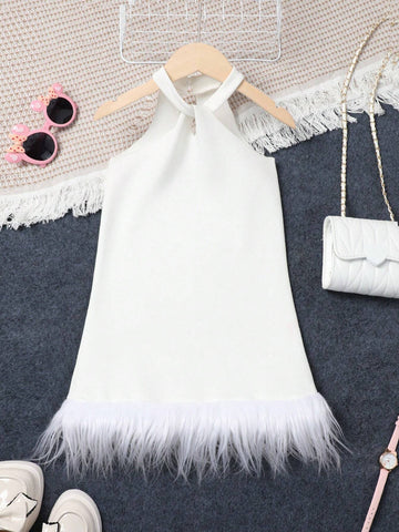 Young Girl Feather Printed Spliced Halter Neck Sleeveless Dress With Hem Hanging Design