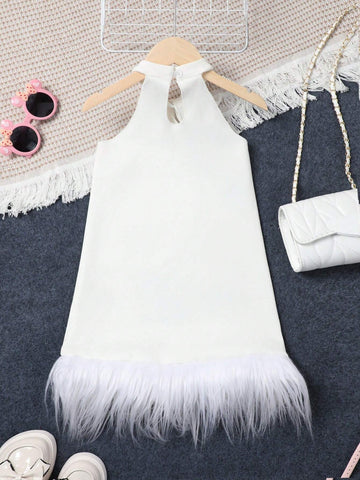 Young Girl Feather Printed Spliced Halter Neck Sleeveless Dress With Hem Hanging Design