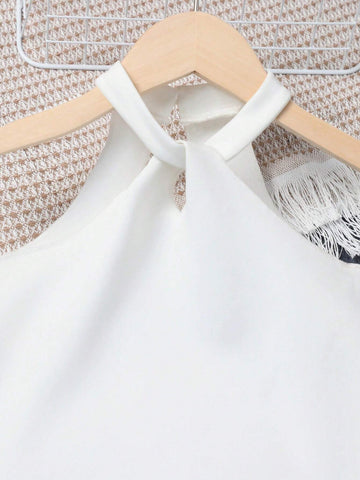 Young Girl Feather Printed Spliced Halter Neck Sleeveless Dress With Hem Hanging Design