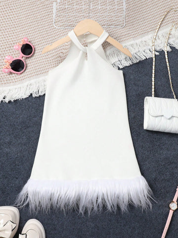 Young Girl Feather Printed Spliced Halter Neck Sleeveless Dress With Hem Hanging Design