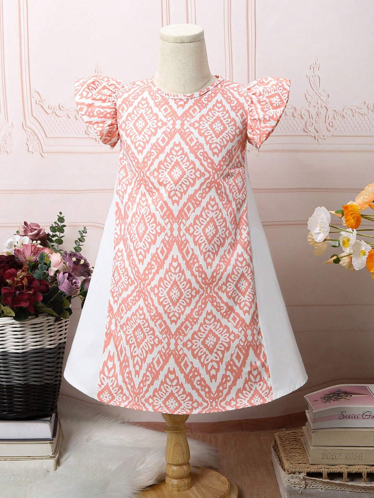 Young Girl Festive Pink And White Patchwork Flare Sleeve Party Dress For Banquet And Gathering