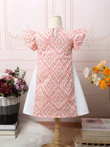 Young Girl Festive Pink And White Patchwork Flare Sleeve Party Dress For Banquet And Gathering