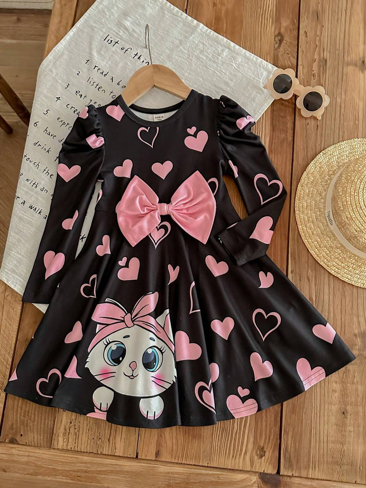 Young Girl Fitted Cat Graphic Round Neck Gigot Sleeve Knit Dress