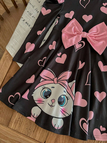 Young Girl Fitted Cat Graphic Round Neck Gigot Sleeve Knit Dress