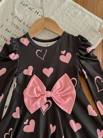 Young Girl Fitted Cat Graphic Round Neck Gigot Sleeve Knit Dress