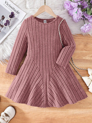 Young Girl Fitted Solid Color Round Neck Casual Knit Dress