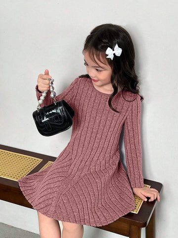 Young Girl Fitted Solid Color Round Neck Casual Knit Dress