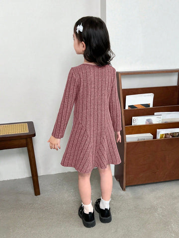 Young Girl Fitted Solid Color Round Neck Casual Knit Dress