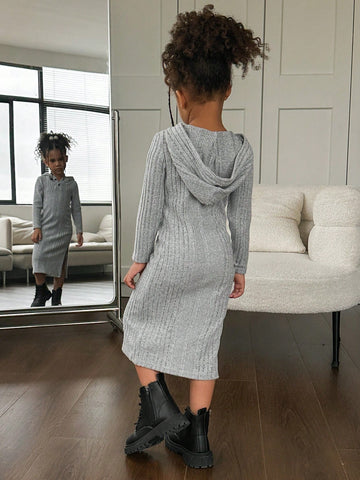 Young Girl Fitted Striped Hooded Knit Casual Dress