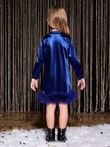 Young Girl Fitted Waist Flared Dress With Long Sleeves, For Party/Holiday Wear