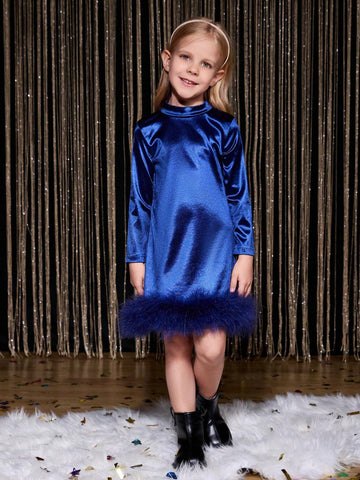 Young Girl Fitted Waist Flared Dress With Long Sleeves, For Party/Holiday Wear