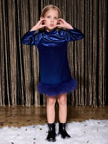 Young Girl Fitted Waist Flared Dress With Long Sleeves, For Party/Holiday Wear