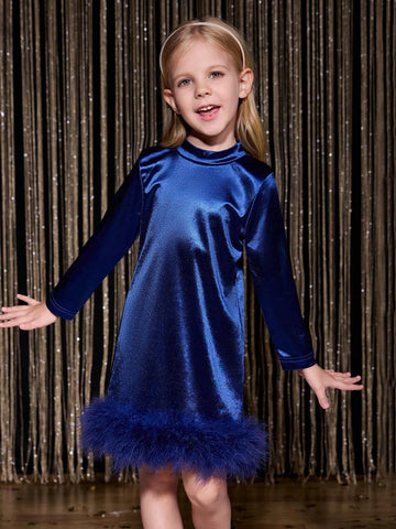 Young Girl Fitted Waist Flared Dress With Long Sleeves, For Party/Holiday Wear