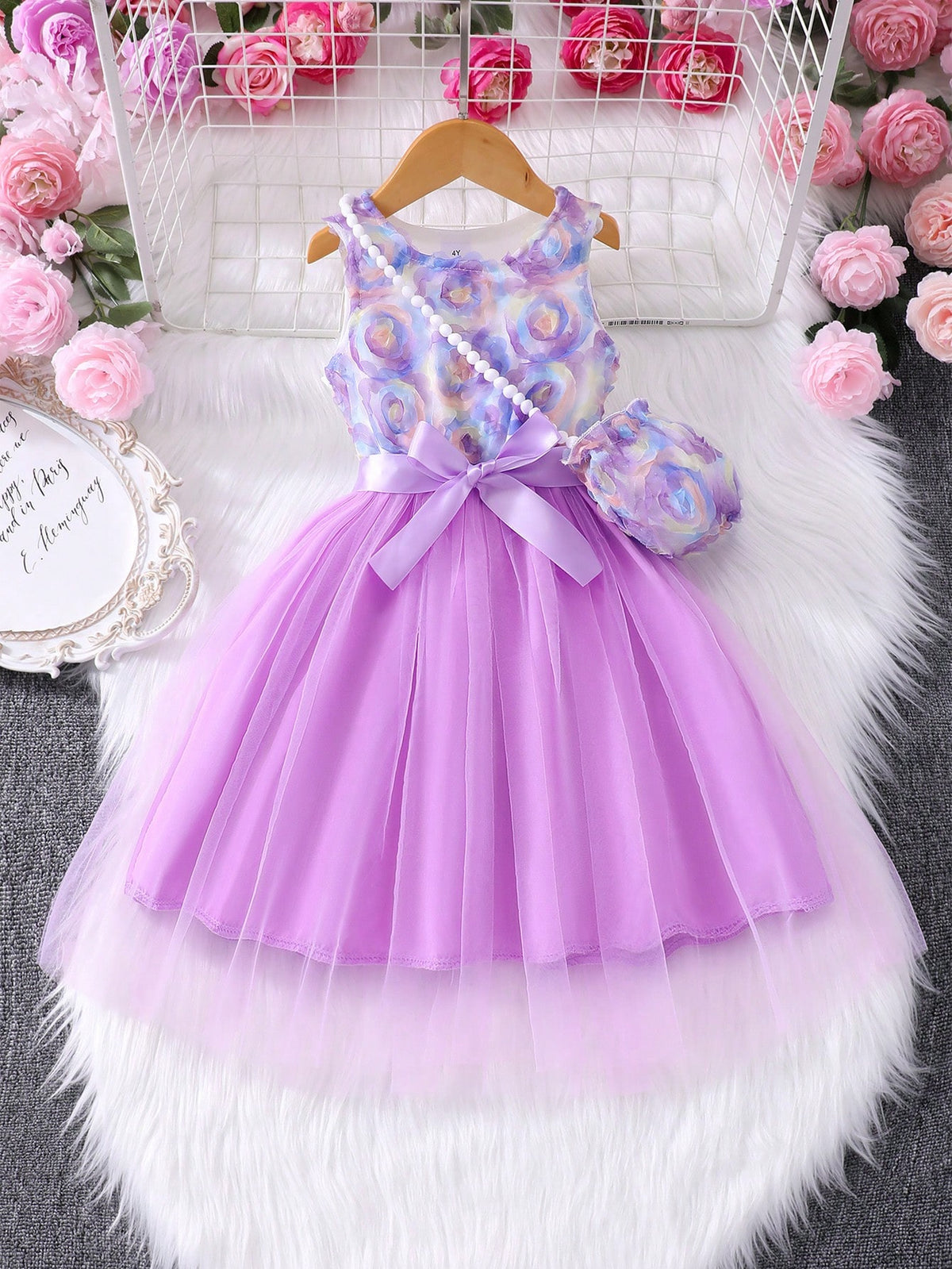 Young Girl' Floral Applique Sleeveless Mesh Patchwork Dress With Bag