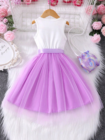 Young Girl' Floral Applique Sleeveless Mesh Patchwork Dress With Bag