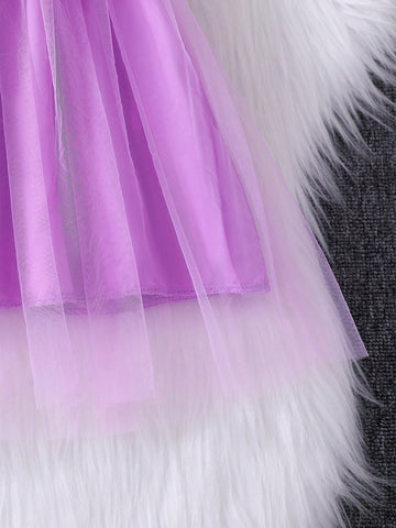 Young Girl' Floral Applique Sleeveless Mesh Patchwork Dress With Bag