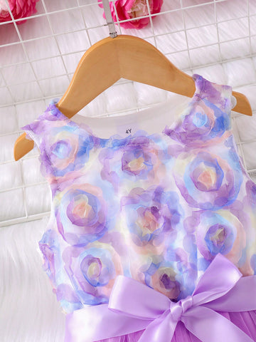 Young Girl' Floral Applique Sleeveless Mesh Patchwork Dress With Bag