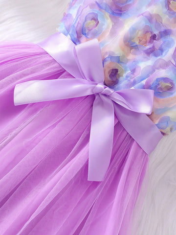 Young Girl' Floral Applique Sleeveless Mesh Patchwork Dress With Bag