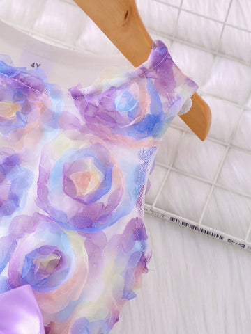 Young Girl' Floral Applique Sleeveless Mesh Patchwork Dress With Bag