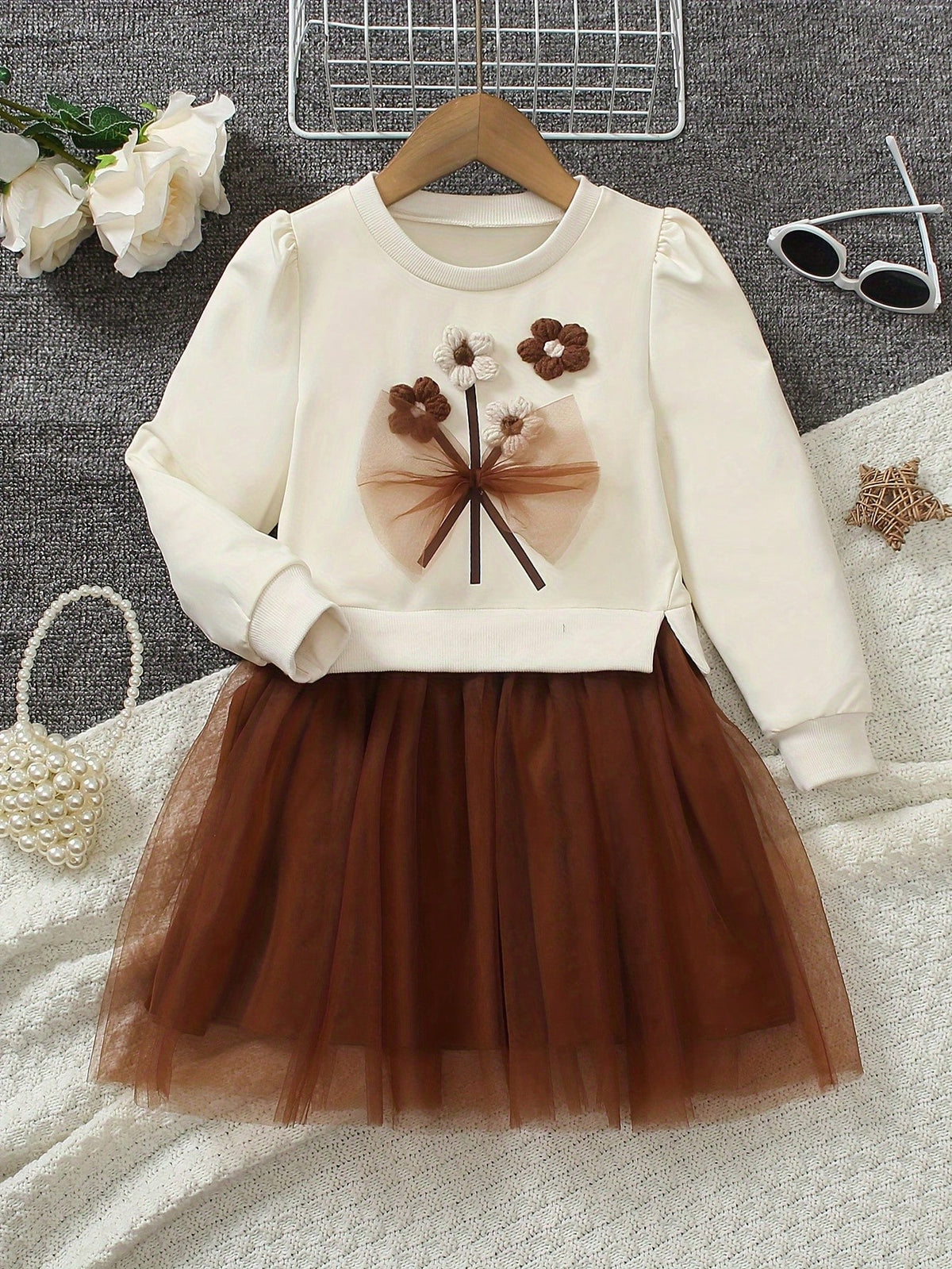 Young Girl' Floral Decor Contrast Mesh Midi Sweatshirt Dress, Elegant Fashion, Spring/Summer 2024