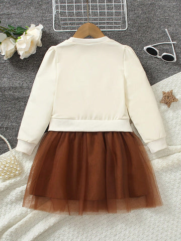 Young Girl' Floral Decor Contrast Mesh Midi Sweatshirt Dress, Elegant Fashion, Spring/Summer 2024