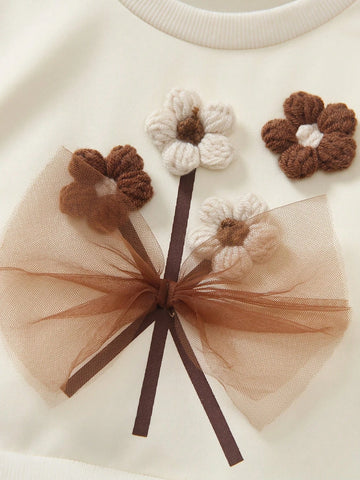 Young Girl' Floral Decor Contrast Mesh Midi Sweatshirt Dress, Elegant Fashion, Spring/Summer 2024