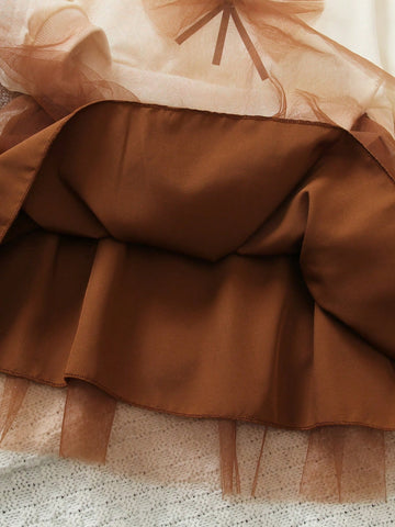 Young Girl' Floral Decor Contrast Mesh Midi Sweatshirt Dress, Elegant Fashion, Spring/Summer 2024