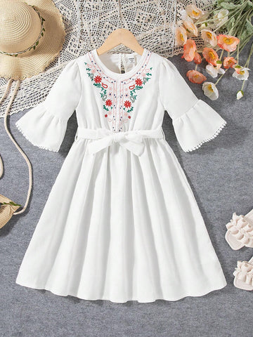 Young Girl Floral Embroidered Bell Sleeve Dress Including Waist Belt, Comfortable And Elegant For Spring And Summer