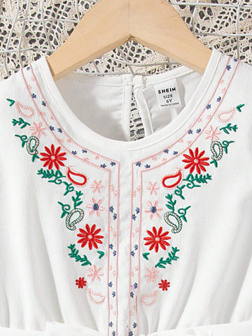 Young Girl Floral Embroidered Bell Sleeve Dress Including Waist Belt, Comfortable And Elegant For Spring And Summer