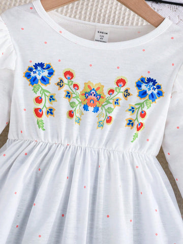 Young Girl' Floral Embroidered Cap Sleeve Elegant Vacation Casual Dress, Spring/Autumn