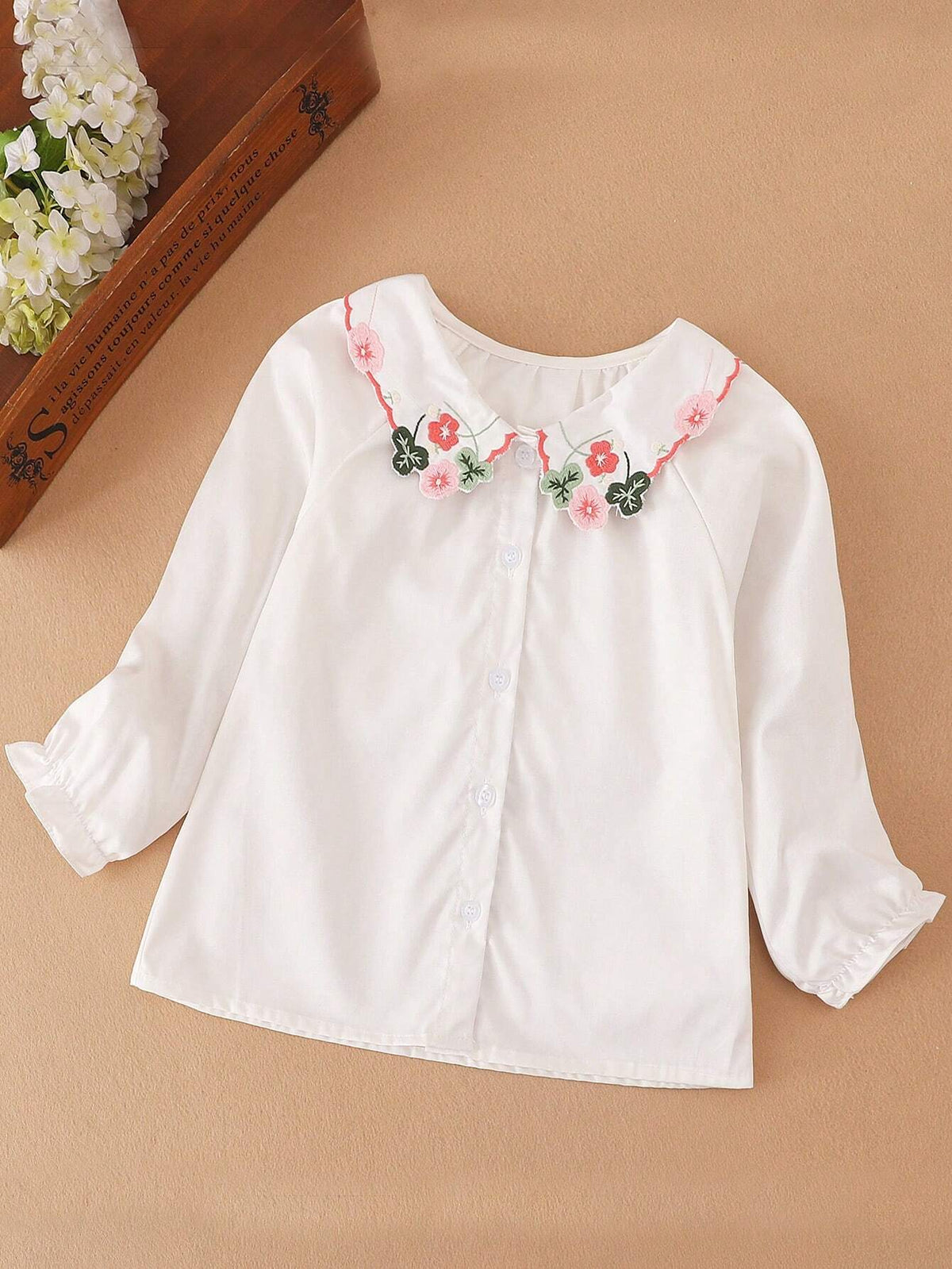 Young Girl Floral Embroidered Collar Long Sleeve Blouse, Autumn
