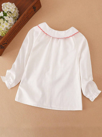 Young Girl Floral Embroidered Collar Long Sleeve Blouse, Autumn