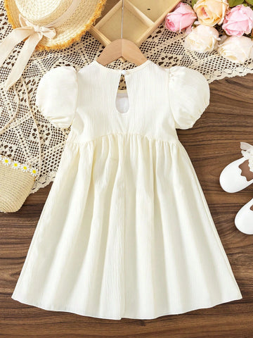 Young Girl Floral Embroidered Puff Sleeve Vacation Casual Dress