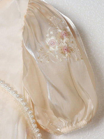 Young Girl Floral Embroidery Puff Sleeve Mandarin Collar Dress