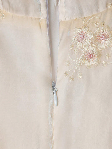 Young Girl Floral Embroidery Puff Sleeve Mandarin Collar Dress