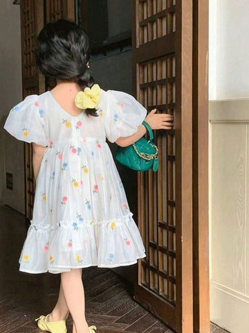 Young Girl Floral Embroidery Puff Sleeve Ruffle Hem Dress