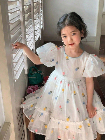 Young Girl Floral Embroidery Puff Sleeve Ruffle Hem Dress