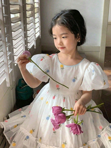 Young Girl Floral Embroidery Puff Sleeve Ruffle Hem Dress