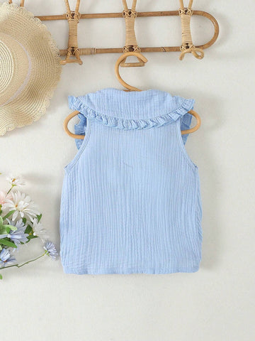 Young Girl Floral Embroidery Sleeveless Turn-Down Collar Blouse For Spring And Summer