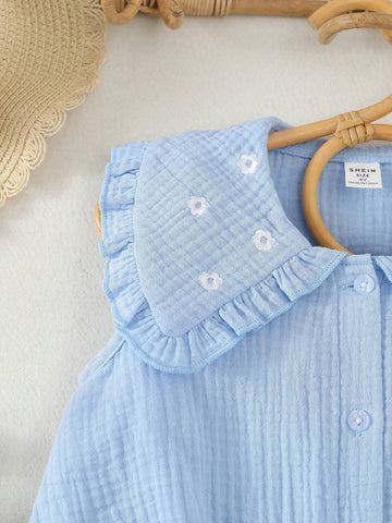 Young Girl Floral Embroidery Sleeveless Turn-Down Collar Blouse For Spring And Summer