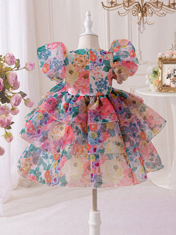 Young Girl Floral Gauze Puff Sleeve Snug Fit Dress