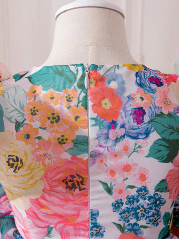 Young Girl Floral Gauze Puff Sleeve Snug Fit Dress