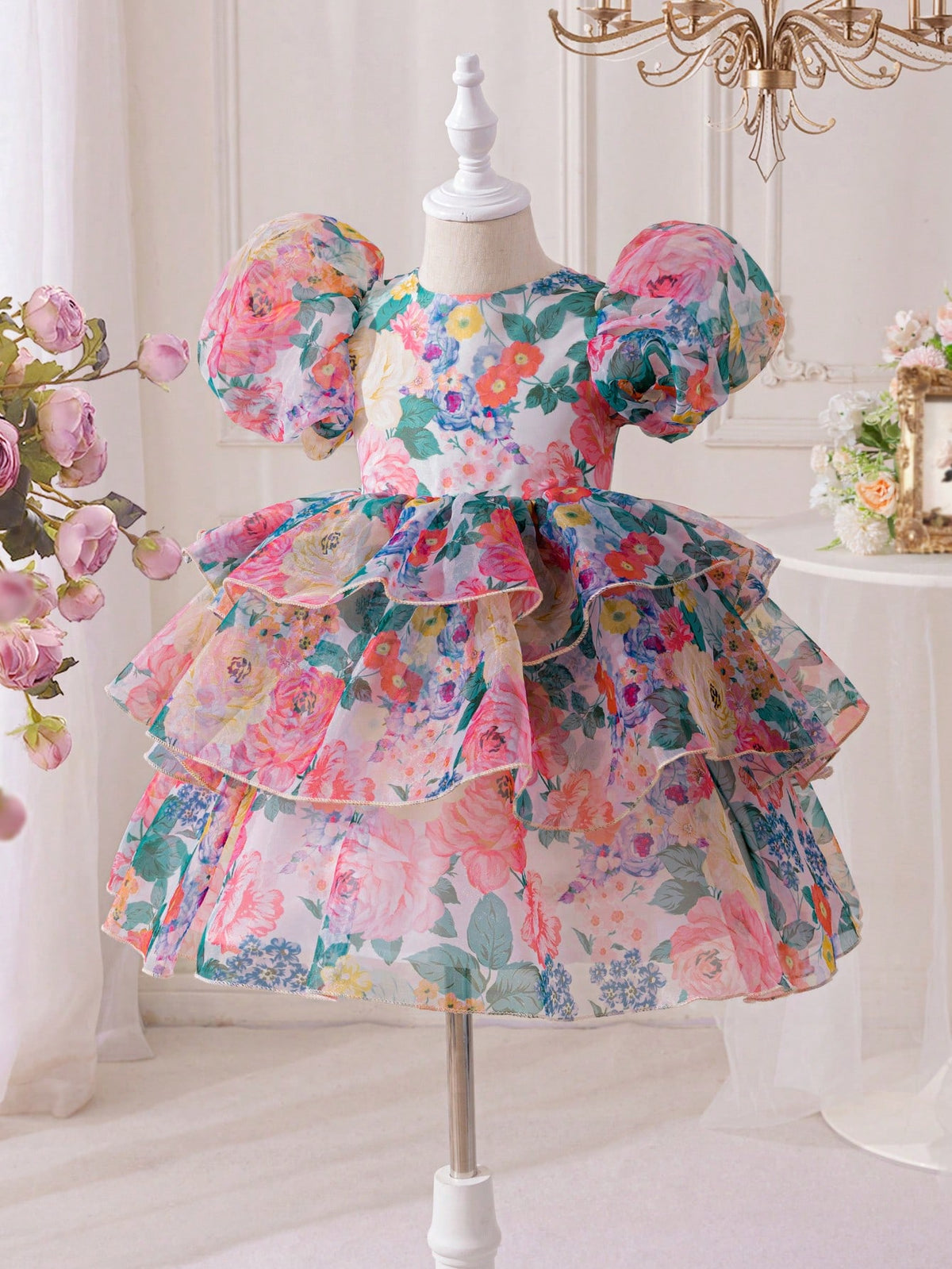 Young Girl Floral Gauze Puff Sleeve Snug Fit Dress