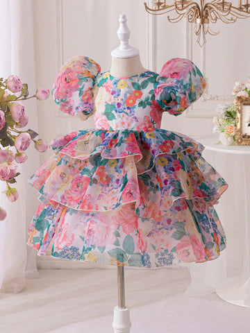 Young Girl Floral Gauze Puff Sleeve Snug Fit Dress