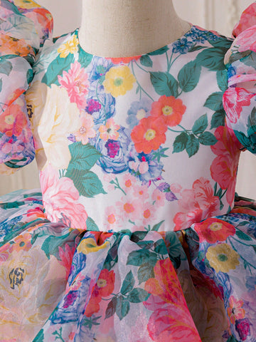 Young Girl Floral Gauze Puff Sleeve Snug Fit Dress