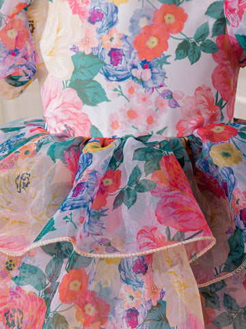 Young Girl Floral Gauze Puff Sleeve Snug Fit Dress